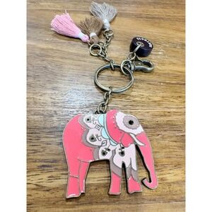 Sakroots Pink Enamel Elephant Keychain Tassel Bag Charm Antique Brass J181